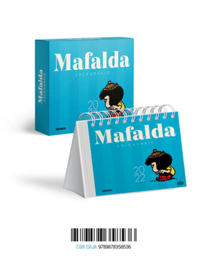 MAFALDA 2022, CALENDARIO DE ESCRITORIO AZUL CLARO CON CAJA